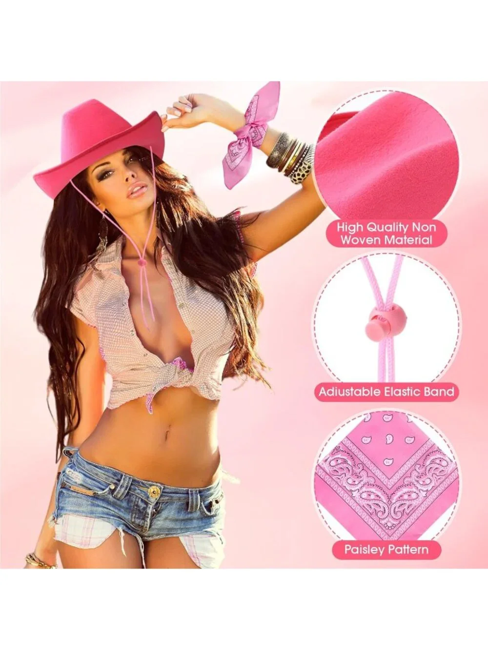 Men's Mixed Pink Bandanas Bulk Adjustable Felt Western Cowboy Cowgirl Hat 12 Pcs